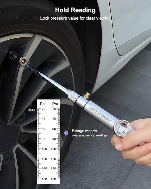 GODESON Tire Pressure Gauge with Hold Reading, 360° Swivel Dual Head Chuck with Pressure Gauge - 20-160 PSI,Big Window,12" Zinc Alloy & Steel Air Gauges for Semi Trucks, RVs, Trailers