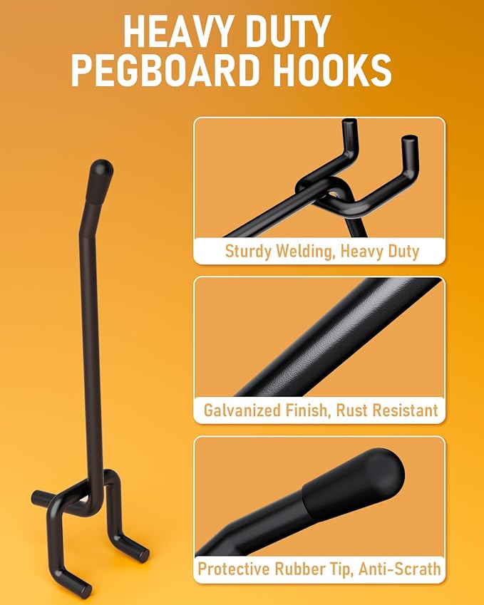 INCLY 60 Pack 4 Inch Black Pegboard Hooks, 1/4" Heavy Duty Peg Board Shelving Hooks Accessories, Peg Board Tool Hangers Only 