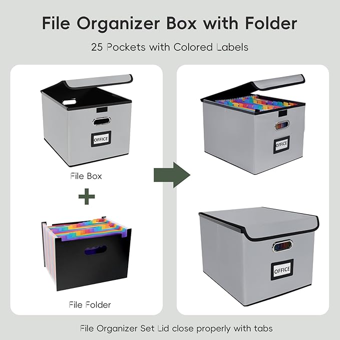 File Organizer Box with Folder, Accordion File Organizer 25 Pockets, File Folder Organizer with Lid for Home, Office, School,