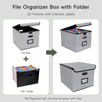 File Organizer Box with Folder, Accordion File Organizer 25 Pockets, File Folder Organizer with Lid for Home, Office, School,