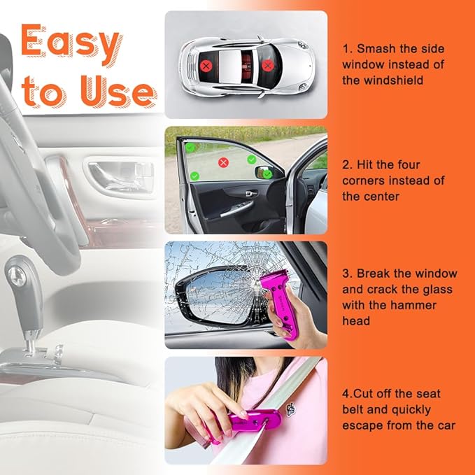 SINSEN Car Window Breaker Seatbelt Cutter, Emergency Tool, Safaty Hammer to Break Glass, Escape Kit for Women, 3-in-1, Neon P
