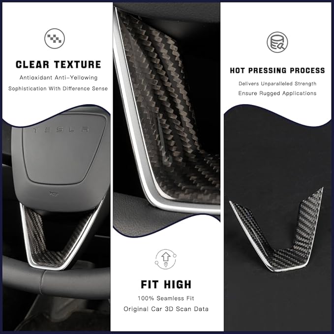 JSWAN Carbon Fiber Steering Wheel Panel Cover Fit for Tesla Refreshed Model 3 Highland Performance (2024+) Model Y Juniper (2025+) Steering Wheel Frame Trim Cover Accessories (Gloss Twill Weave)