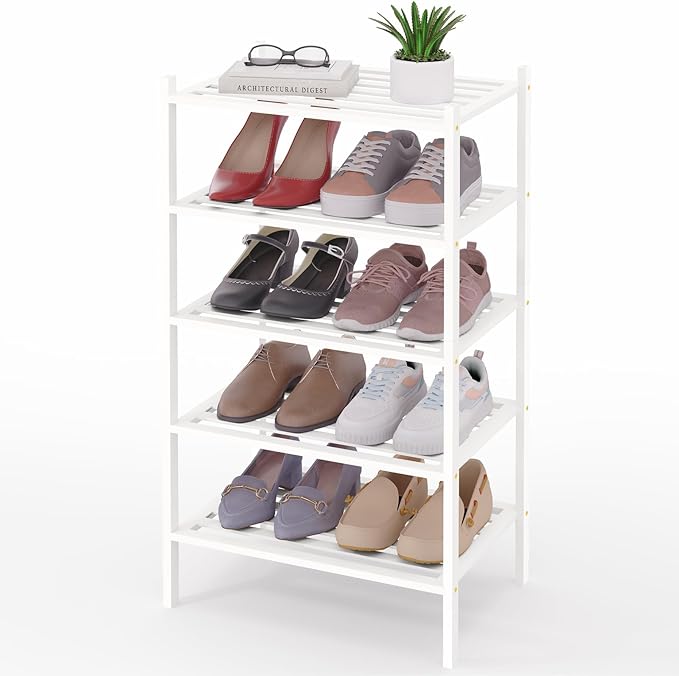 Smiry Small Bamboo Shoe Rack 5-Tier, Stackable Wooden Shoe Organizer for Entryway & Closet, Free Standing Wood Shoe Storage S