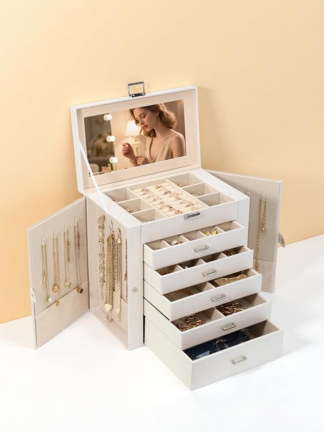 BOOVO Jewelry Box For women, 6 Layer Large Jewelry Organizer With Mirror, Multi-Function Storage Box With Lock, Accessory Hol