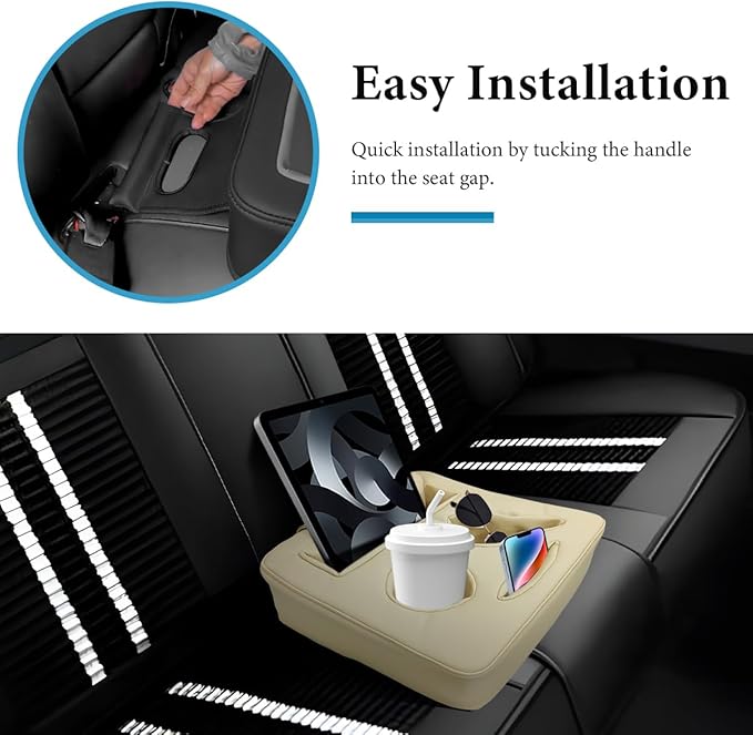 Car Back Seat Organizer, Leather Automotive Rear Seat Couch Cup Holder Expander Tray, Vehicle Cup Holder Tray Holds Snacks Remotes Phones for Truck RV Boat Couch Pillow Bed (Beige)