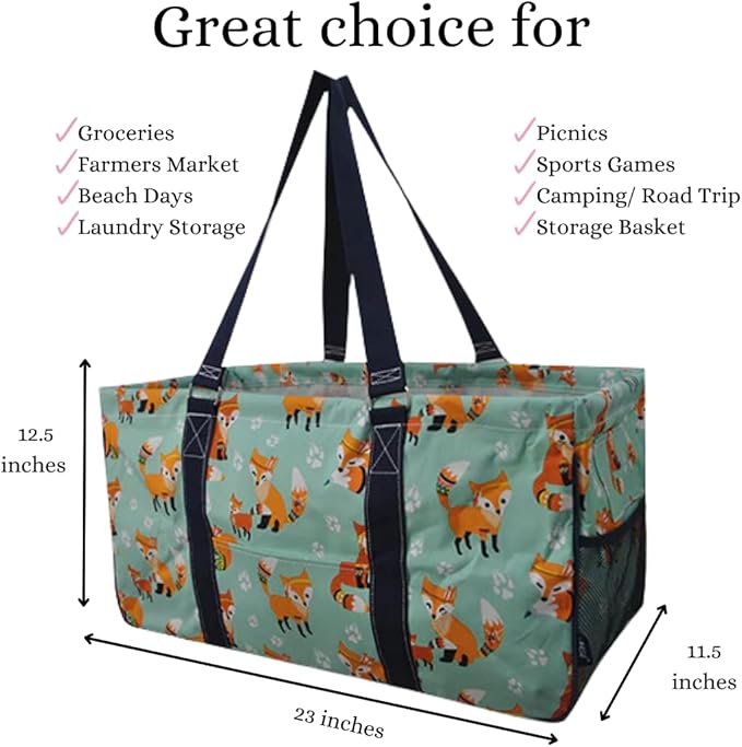 NGIL Extra Large Utility Tote Reusable Grocery Bag Oversized Collapsible for Groceries, Storage, Picnic, Beach (Fox Life-Navy)