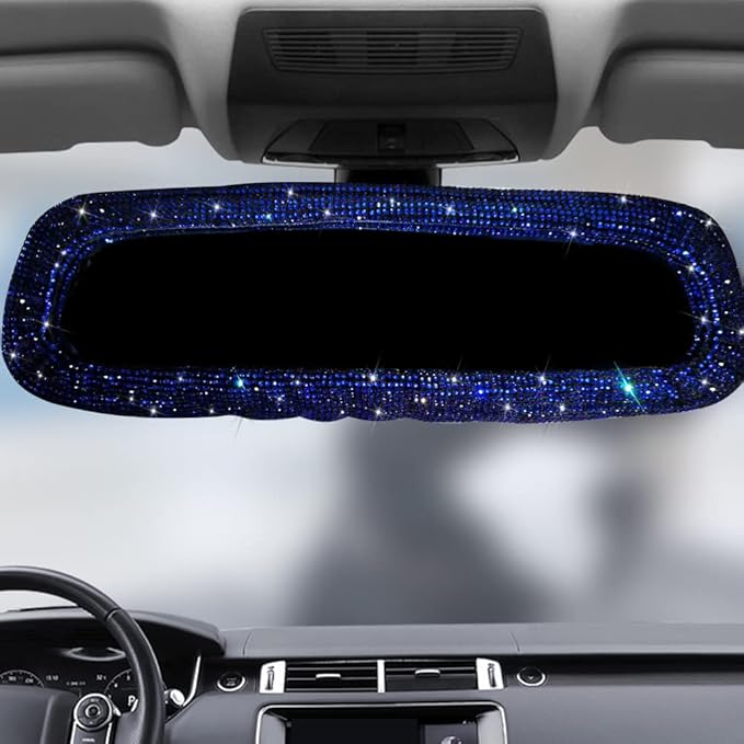 Bling Rearview Mirror Accessories Elastic Plush Car Rear View Mirror Cover for Women Bling Car Accessories Universal Fit (Blue)
