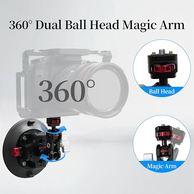 CNC Machined 4.5in Suction Cup Camera Mount with Ball Head Magic Arm, 1/4" ARRI Holes, Quick Release Car Mount with Phone Holder&Action Camera Adapter Compatible with DJI OSMO Pocket3 Insta360 iPhone