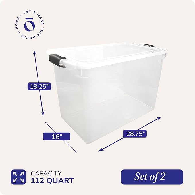 HOMZ 2-Pack Latching Lid, Large Clear Plastic Storage Bins w/Lids, 112 Quart, Gray Latch - Stackable Container Boxes for Home