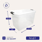 HOMZ 2-Pack Latching Lid, Large Clear Plastic Storage Bins w/Lids, 112 Quart, Gray Latch - Stackable Container Boxes for Home