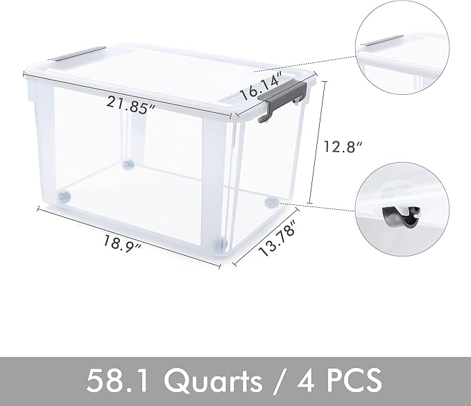 Citylife 58.1 QT Plastic Storage Bins with Latching Lids Stackable Storage Containers for Organizing Large Clear Storage Box 