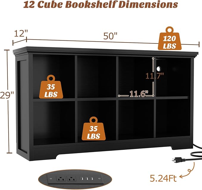 Aheaplus Wooden 8-Cube Storage Organizer with Charging Ports, Modern Cube Bookcase with Base, 3-Tier Floor Standing Open Cubb