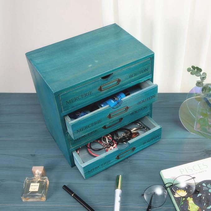 Wooden Storage Box with 4 Drawers Vintage Office Supplies and Accessories Letter Tray Wood Desktop School Supply Organizer Li
