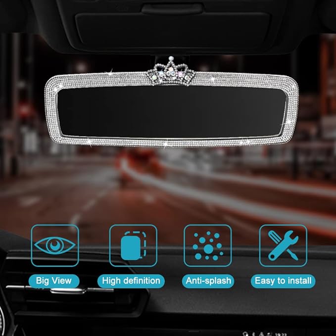 Bling Rhinestone Rear View Mirror Cover, Car Rea r Views Mirro r with Crystal Diamonds Bling Rhinestones Ca r Rears Vie w Mirrors Cars Interior Trim(White,Size:1.56x1.18inch)