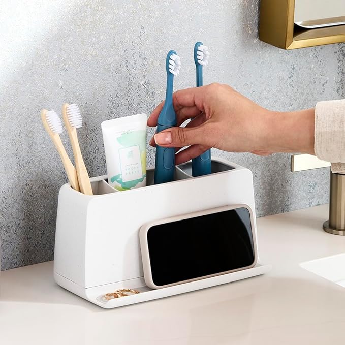 YouCopia The Ledge Toothbrush Holder, 3-Slot, Bathroom Vanity Counter Organizer with Cord Slots, Removable Base and Storage f