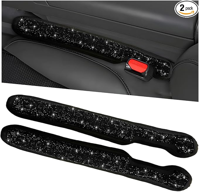 2PCS Bling Car Seat Gap Filler, Sparkling Rhinestone Side Seat Gap Blocker Stop Things from Dropping, Soft Foam Car Truck Filler Blocker Fill The Gaps Between Seats and Console (Black)