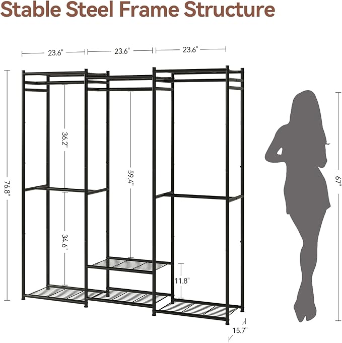 Wardrobe Closet Tall Size, Clothes Rack with Hanging Areas and Storage Shelves, Closet Organizers and Storage, Free Standing 