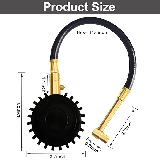 Motorcycle Tire Pressure Gauge 60 PSI, PUIBERS 2’’ dial Mechanical Tire Gauges with 90 Degree Right Angle Chuck Flexible Hose, Tires Guages for Pressure Glow in The Dark for Cars, Motos, Bicycles