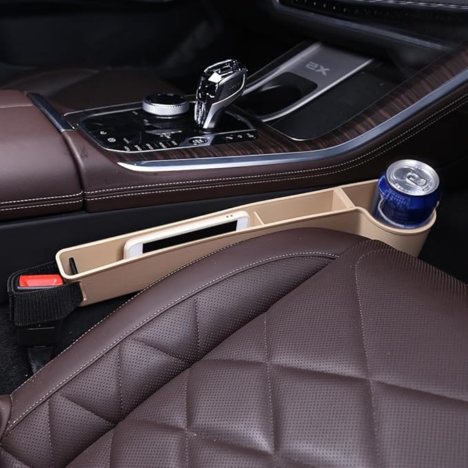 Car Seat Gap Filler, Multifunctional Seat Side Gap Filler with Cup Holder & Organizer, Gap Stopper Universal Fit Car SUV Truck Fill The Gap Between Seat & Console Set of 2 (Beige)