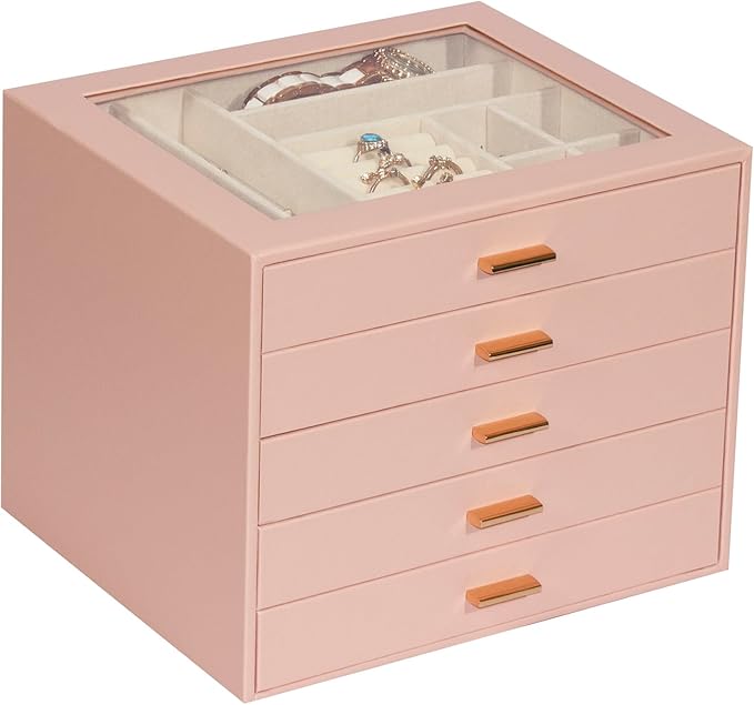 Jewelry Box with Glass Lid, 5-Layer Jewelry Organizer for Women Girls, PU Leather Display Case with 20-Grid Earring Tray & Mo