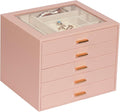 Jewelry Box with Glass Lid, 5-Layer Jewelry Organizer for Women Girls, PU Leather Display Case with 20-Grid Earring Tray & Mo