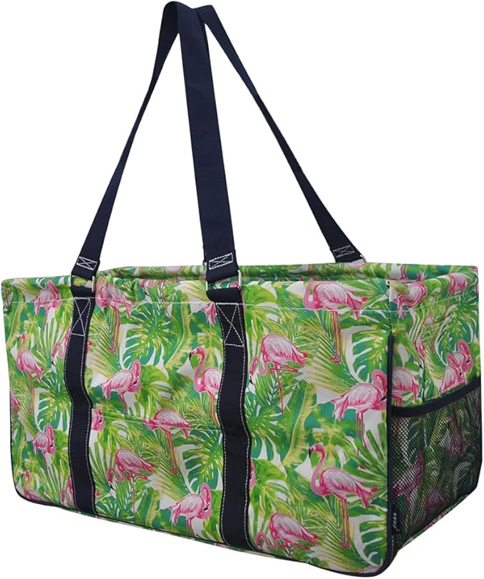 NGIL Extra Large Utility Tote Reusable Grocery Bag Oversized Collapsible for Groceries, Storage, Picnic, Beach (Flamingo Paradise-navy)