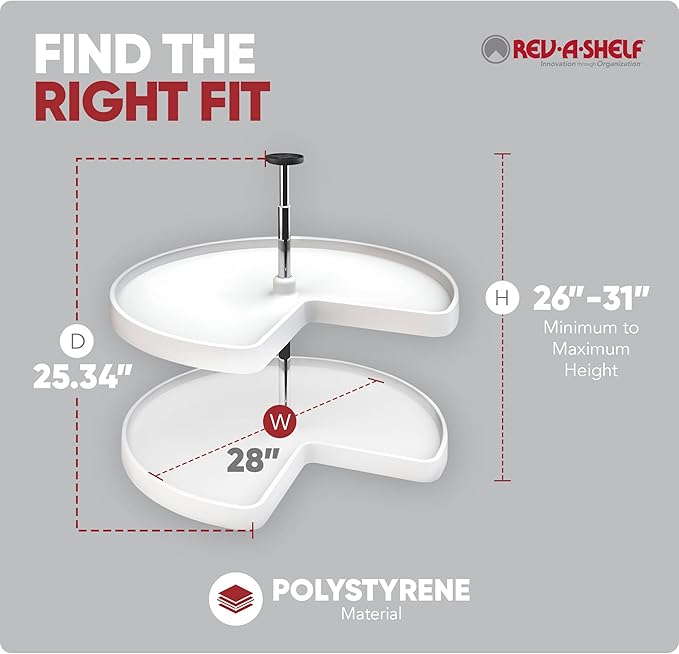 Rev-A-Shelf 2 Tier Kidney Cut Lazy Susan for Corner Base Cabinets, Plastic, 28" Double Shelf Swivel Kitchen Spice/Can Organiz