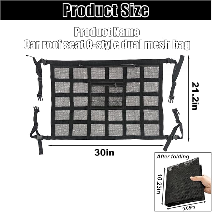 Car Ceiling Cargo Net Pocket, 30" x 21.2", Droop Less Car Storage Organizer, Strengthen Load Bearing Double Layer Mesh Organizer, SUV, Trucks, Camping, Road Trip Essentials