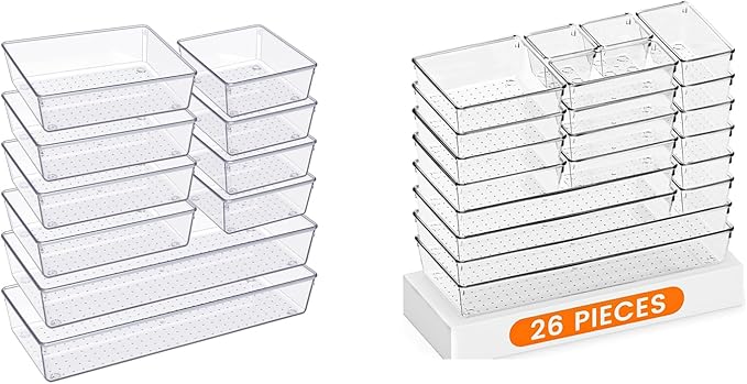 Criusia Drawer Organizer, 36 Pack Large Clear Plastic Drawer Organizers Set, 3 Size Versatile Bathroom and Vanity Drawer Orga