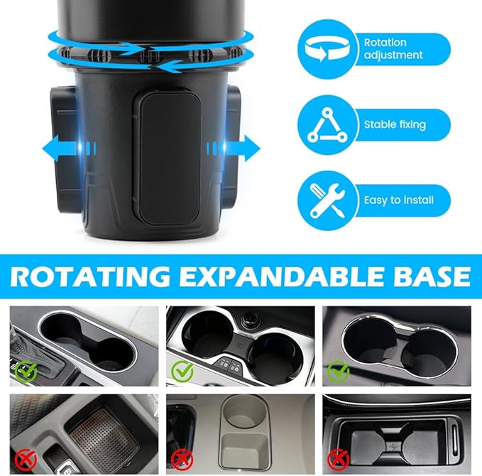 2 in 1 Car Cup Holder Expander, Multifunctional Expandable Car Cup with 360° Rotating Cup Holder Adapter Extender for Car with Adjustable Base Cup Holder Organizer for Large Water Cups and Drinks