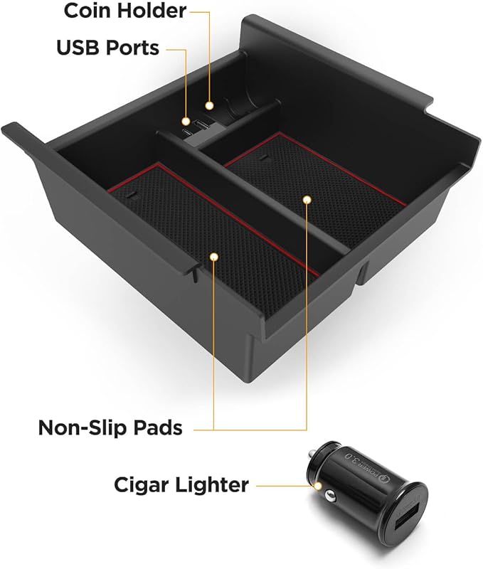 CarQiWireless Center Console Organizer Tray for Toyota 4Runner 2010-2020 2021 2022 2023 2024 5th Gen 4 Runner Accessories with USB Port Insert Armrest Box Secondary Storage Coin Change Holder Black