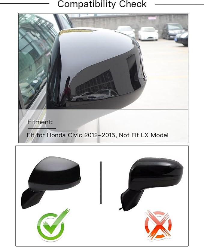 Driver Left Side Mirror Cover Cap Compatible with Honda Civic 2012-2013 Glossy Black,Not fit LX model