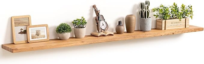 Fun Memories 72 Inch Floating Shelves for Wall, Rustic Solid Elm Wood Shelves for Home Decor, 8 Inch Deep Floating Shelf Wall