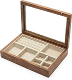 pandapark Wooden Jewelry Box with Glass Lid, Multi-Compartment Storage Display Case, Walnut Brown (Silver Walnut)