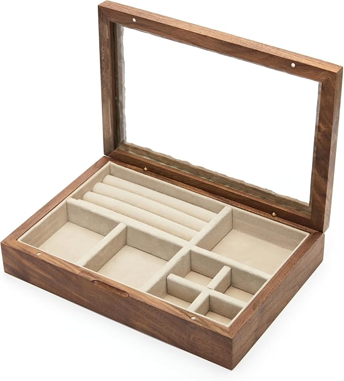 pandapark Wooden Jewelry Box with Glass Lid, Multi-Compartment Storage Display Case, Walnut Brown (Silver Walnut)