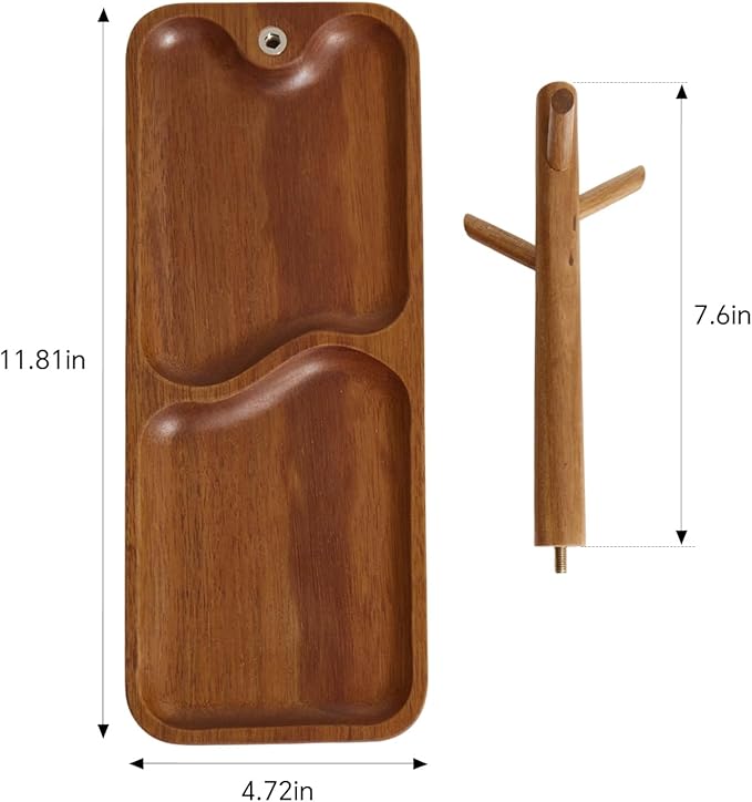 Solid Acacia Wood Key Tray and Bowl for Entryway Table - Jewelry Tray With 3 Hooks, Open Storage for Wallet, Glasses, Watches