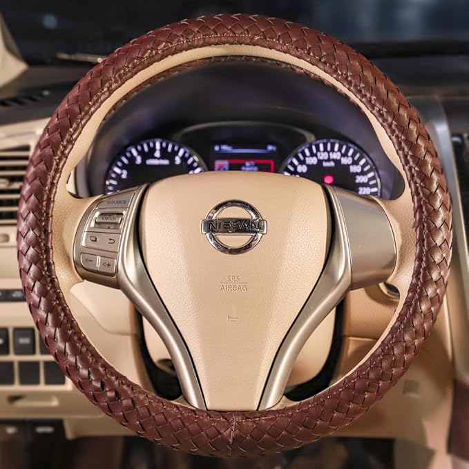 Carwales Elegant Men Steering Wheel Cover Leather for Car Hand-Made Wheel Wrap Hand Woven Universal 14.5-15 Inch Brown