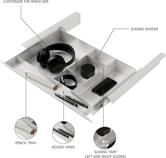 White Under Desk Sliding Pull-out Drawer with Pencil Tray and Slide Storage Tray, 17'' long & 13.5'' deep Large Organizer for
