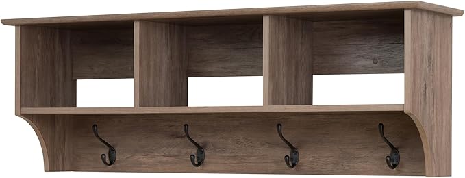 Prepac Drifted Gray 48" Contemporary Wall Mounted Coat Rack, Coat Hooks Wall Mount with 3 Shelves, Ideal for Hallway or Entry