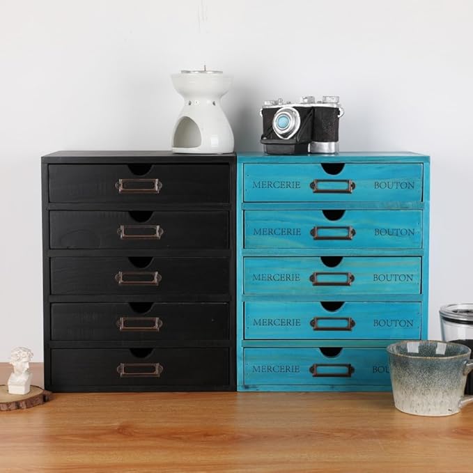 Wooden Storage Box with 5 Drawers Apothecary Drawers Vintage Wooden Drawers Wood Desktop Organizer with Drawers Countertop Dr