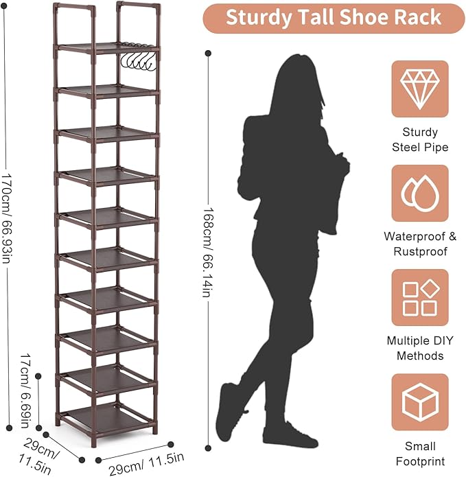 LANTEFUL Tall Shoe Rack 10-Tier Narrow Shoe Shelf Storage for 10-15 Pairs Shoe and Boot, Sturdy Shoe Storage Space Saving Cor