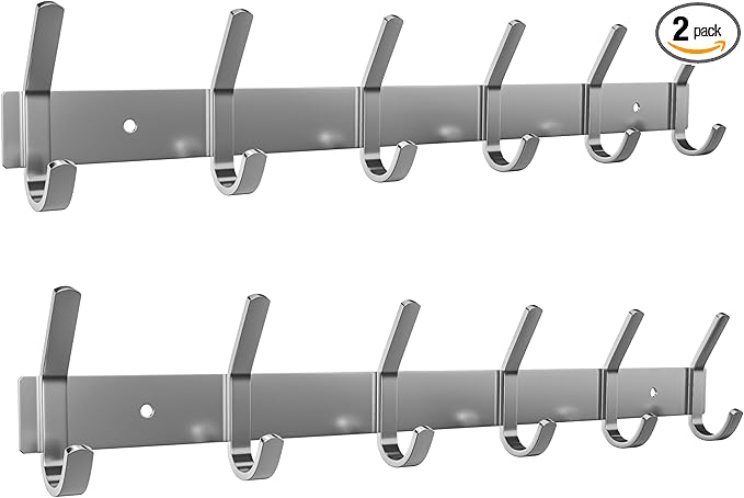Coat Rack Wall Mount – Brushed Nickel 17 Inch Stainless Steel Hook Rail with 6 Heavy Duty Double Coat Hooks – Wall Mounted Co