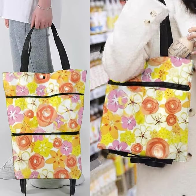 Collapsible Shopping Grocery Bag with Wheels Rolling Tote Bag with Wheels Large Reusable Shopping Bags Foldable Cart(Chrysanthemum,Large)