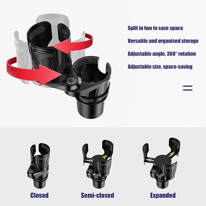 Dual Car Cup Holder Expander, 2 in 1 Multifunctional Auto Drink Adapter with Adjustable Base, 360 Degrees Rotating Cupholder Extender with Compass, Universal Car Accessories