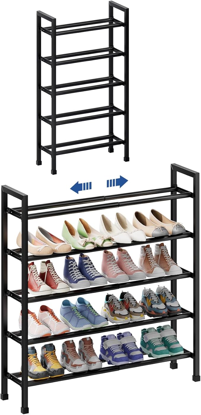 Abiglifty 5-Tier Expandable Shoe Rack,17"-33" Adjustable Shoe Rack for Closet,Metal Shoes Shelves for Front Door Entrance, Ga
