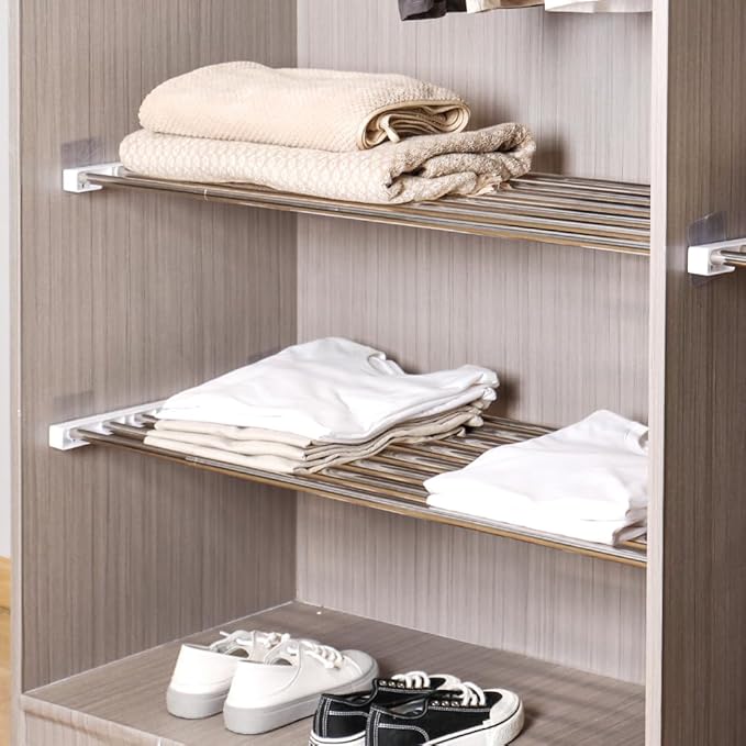 Hershii Extendable Closet Shelf Wardrobe Rail Metal Hanging Rod Storage Rack Expanding Clothes Divider Separator Organizer fo