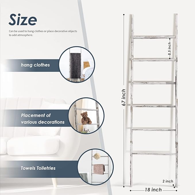 6-Tier Blanket Ladder Wooden, 5.7FT(66.5'') Blanket Quilt Towel Holder Rack Decorative Ladder, Easy Assembly, Rustic Farmhous
