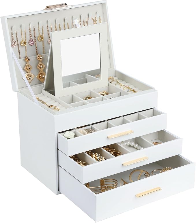 BOOVO Jewelry Boxes for Women, 5 Layer Jewelry Organizer with Necklace Hanger and Drawers, Large Jewelry Box for Earrings, Ne