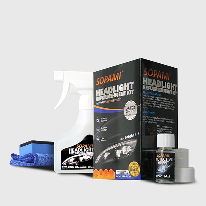SOPAMI Car Headlight Restoration Kit Headlight Cleaner Restores Clear Yellowed Car Plastic and Protects from Re-Oxidation Inc