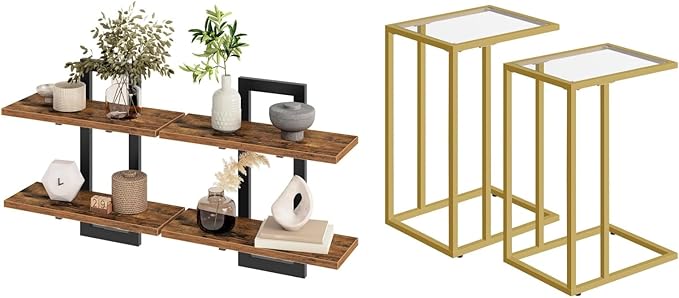HOOBRO Floating Shelves and C Shaped End Table, 15 Inch Wall Shelf Set of 2, Wall Mounted Storage Shelves 2-Tier, Side Table 